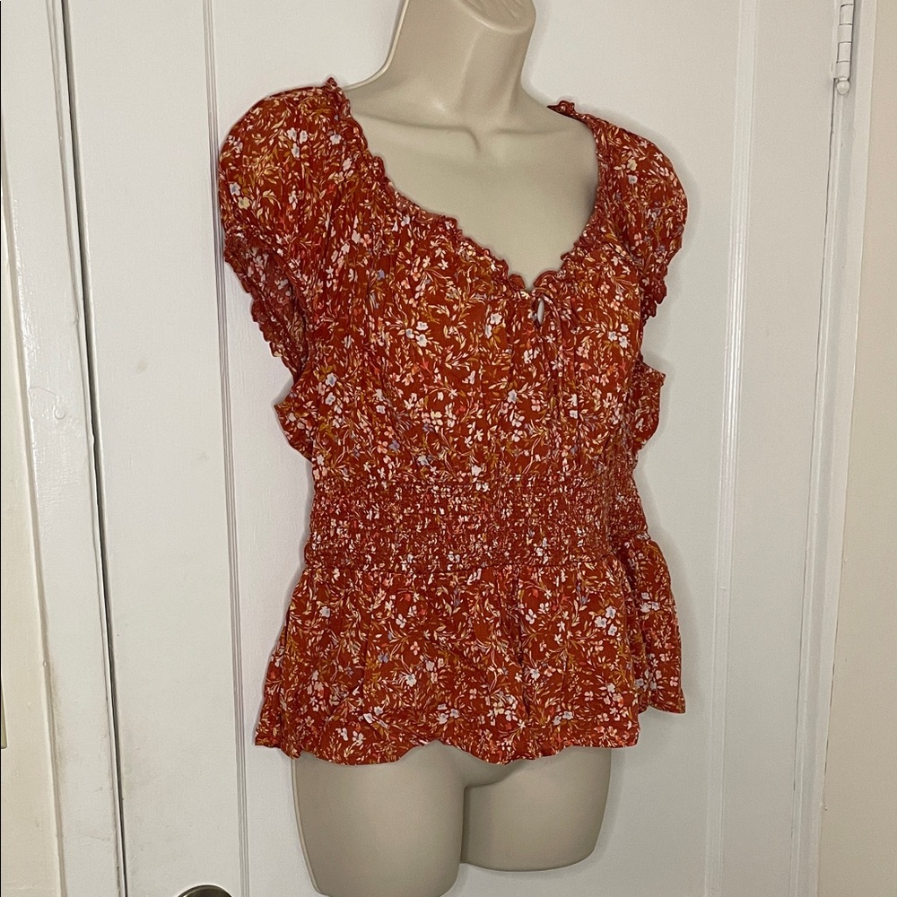 Old Navy Terracotta Floral Blouse with Ruffles